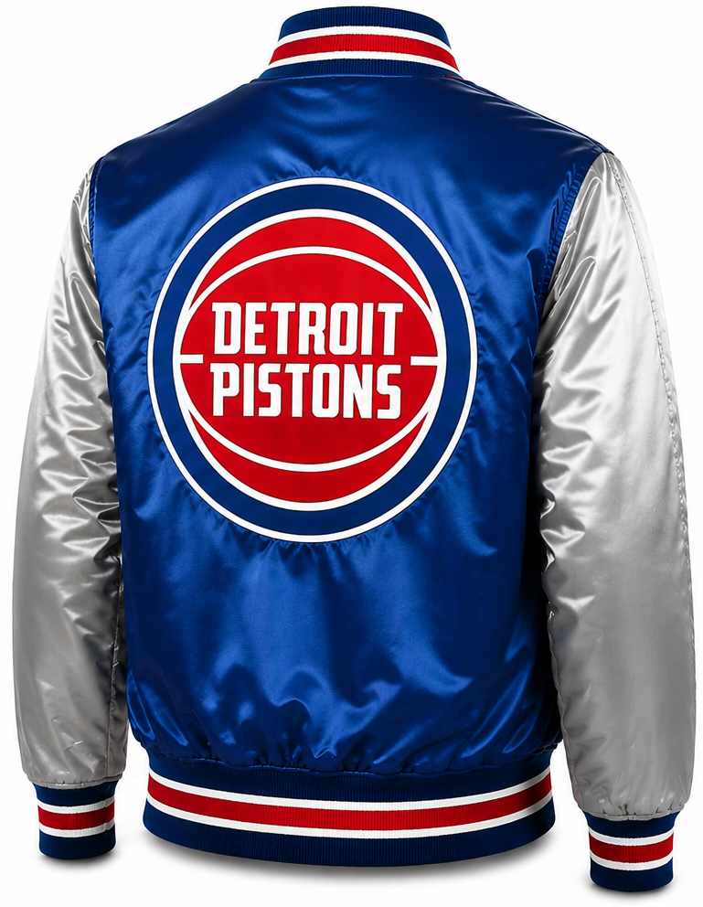 A Detroit Pistons satin varsity jacket shown from the back, featuring a royal blue body, silver sleeves, and a large red, white, and blue team logo on the back.