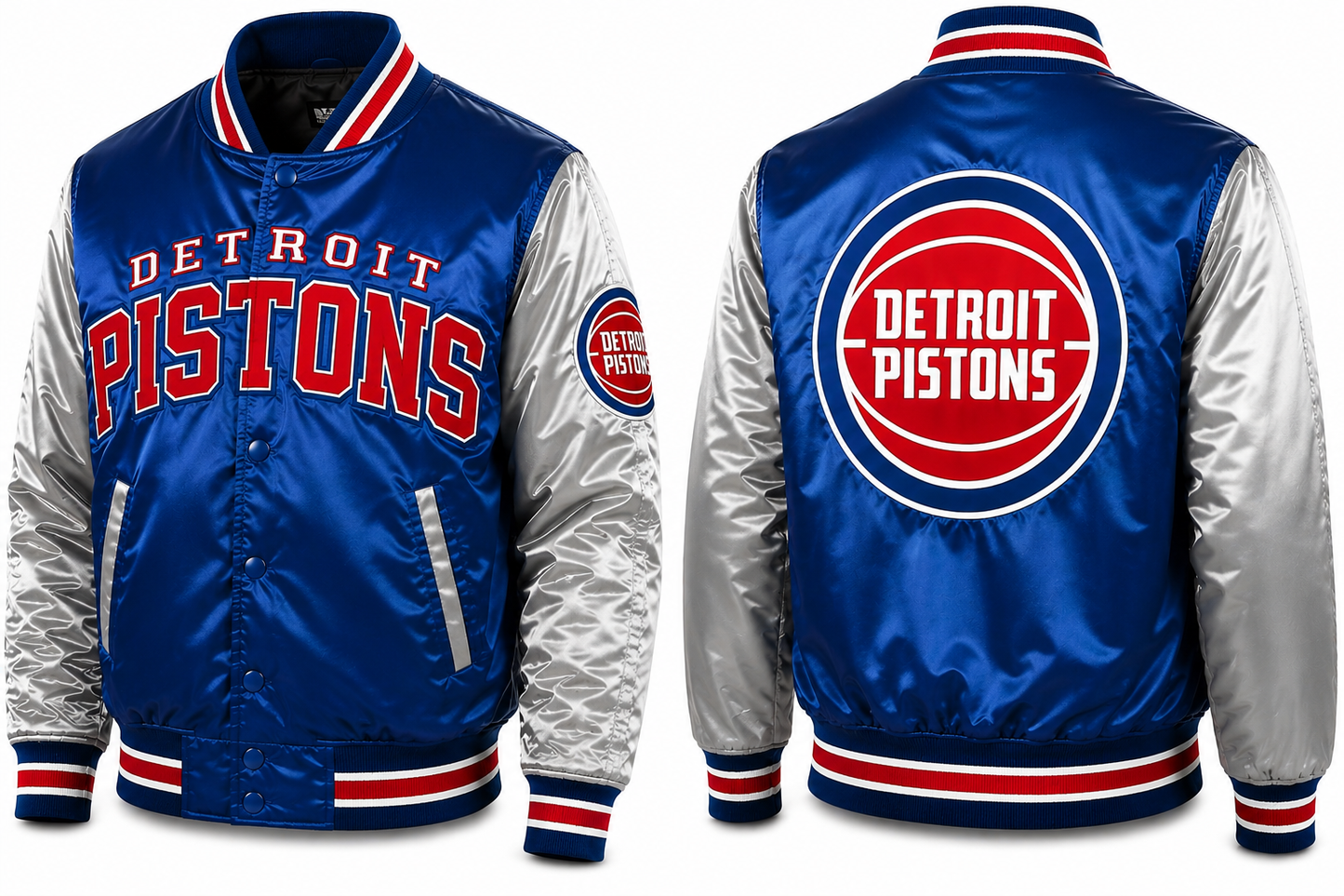 Front and back views of a Detroit Pistons satin varsity jacket. The jacket features a royal blue body with silver sleeves, red and white striped ribbed trim, and the Detroit Pistons logo printed in red and white on the chest and back.