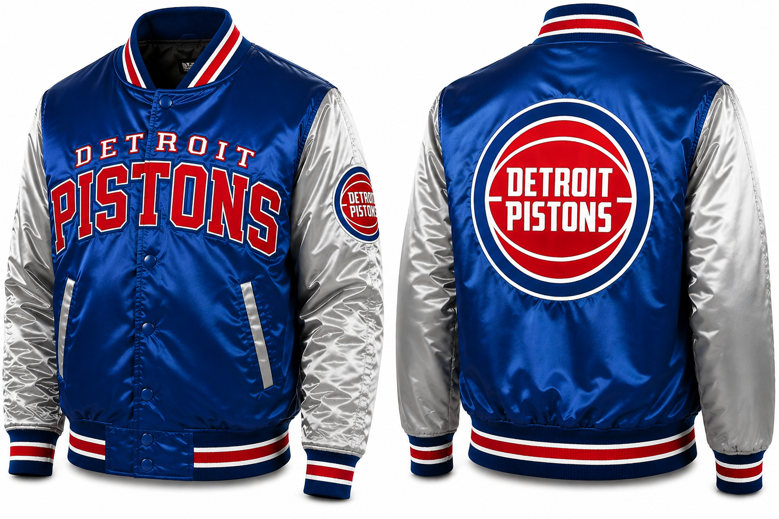 Front and back views of a Detroit Pistons satin varsity jacket. The jacket features a royal blue body with silver sleeves, red and white striped ribbed trim, and the Detroit Pistons logo printed in red and white on the chest and back.