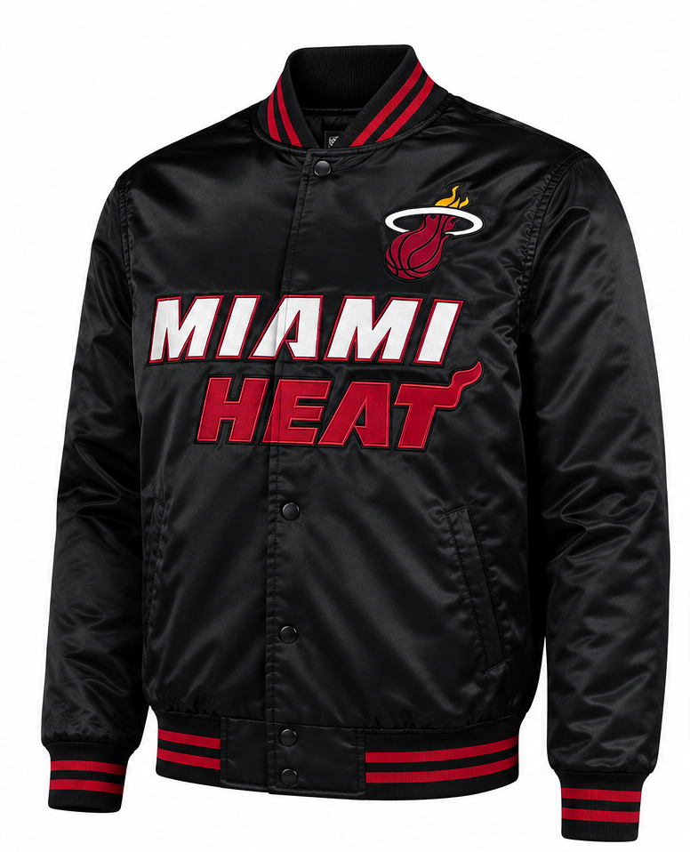 A black Miami Heat satin bomber jacket with red and white lettering on the front, featuring the team logo and 'MIAMI HEAT' text, set against a plain white background.