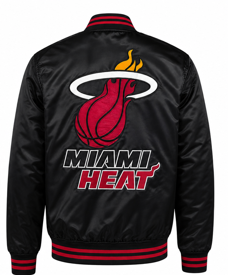 Black Miami Heat satin bomber jacket shown from the back, featuring the team logo and 'MIAMI HEAT' text in red, white, and yellow, with red and black striped ribbed collar, cuffs, and hem.