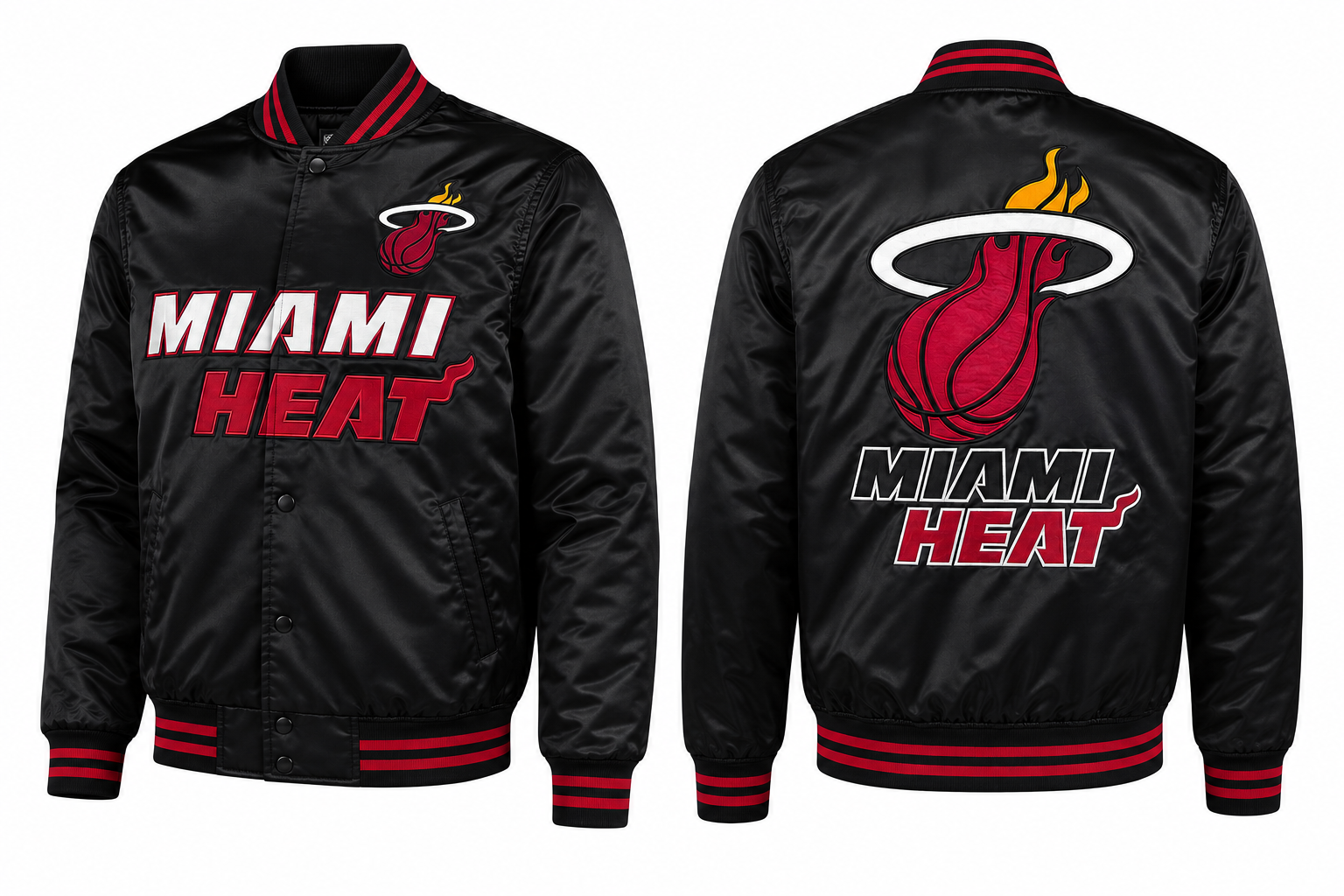 Black Miami Heat satin bomber jacket shown from the front and back, featuring red and white team branding and logos.