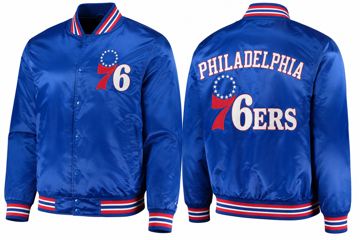 A royal blue satin Philadelphia 76ers varsity jacket shown from both the front and back. The front features the team's logo on the left chest, and the back displays 'PHILADELPHIA 76ERS' in white arched lettering with a red and blue logo underneath.