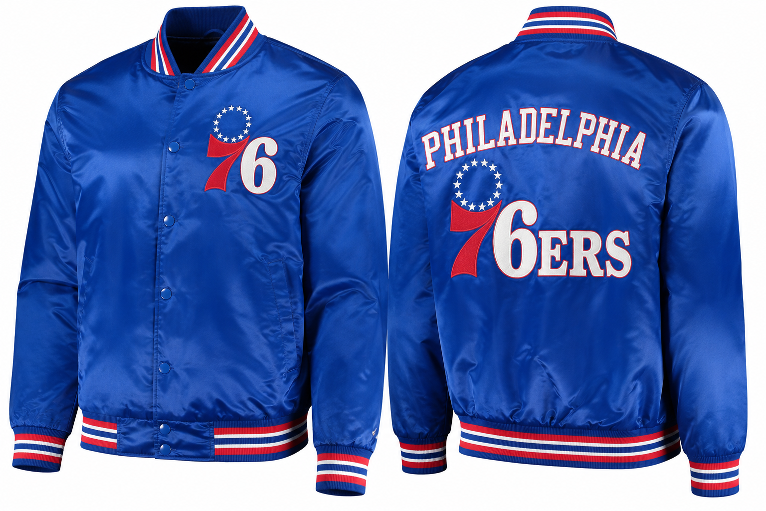 A royal blue satin Philadelphia 76ers varsity jacket shown from both the front and back. The front features the team's logo on the left chest, and the back displays 'PHILADELPHIA 76ERS' in white arched lettering with a red and blue logo underneath.