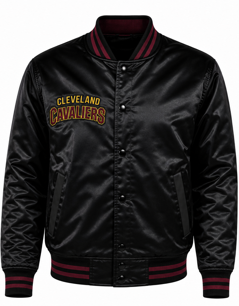 A black satin varsity-style jacket with 'Cleveland Cavaliers' embroidered on the left chest, featuring a ribbed collar, cuffs, and hem with dark red stripes.
