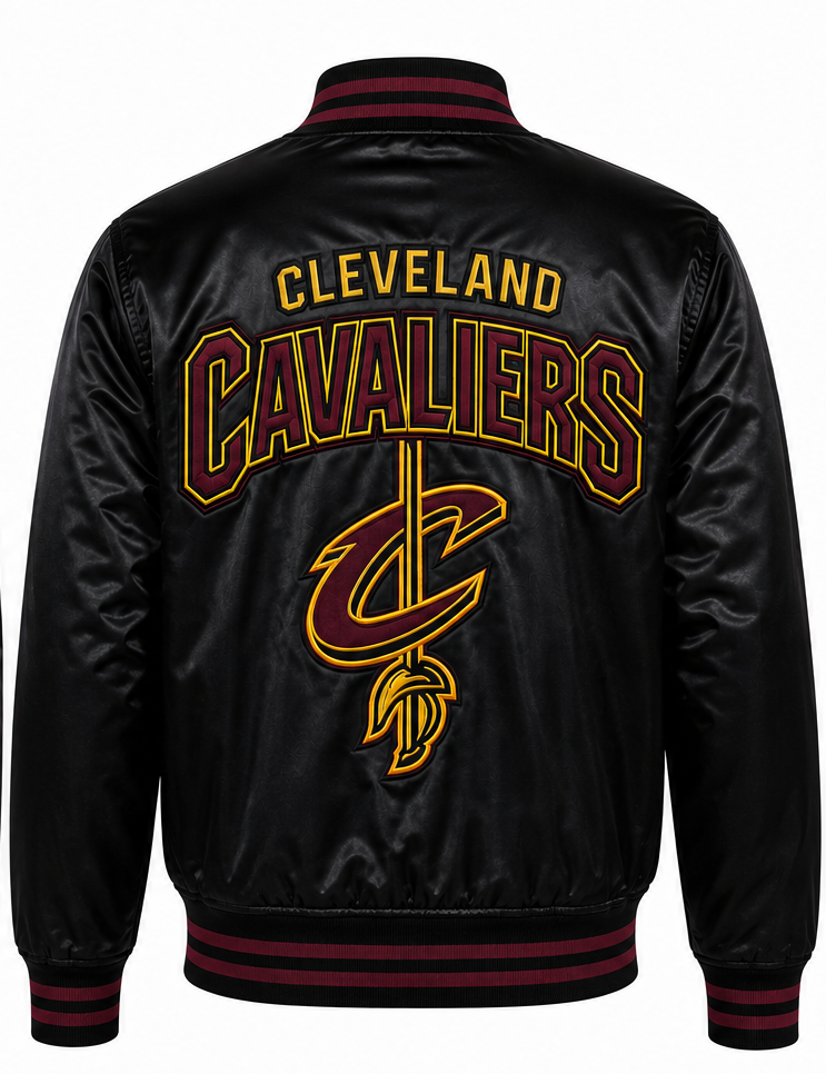 Black satin jacket with 'CLEVELAND CAVALIERS' text and the team logo on the back, featuring burgundy and gold trim.