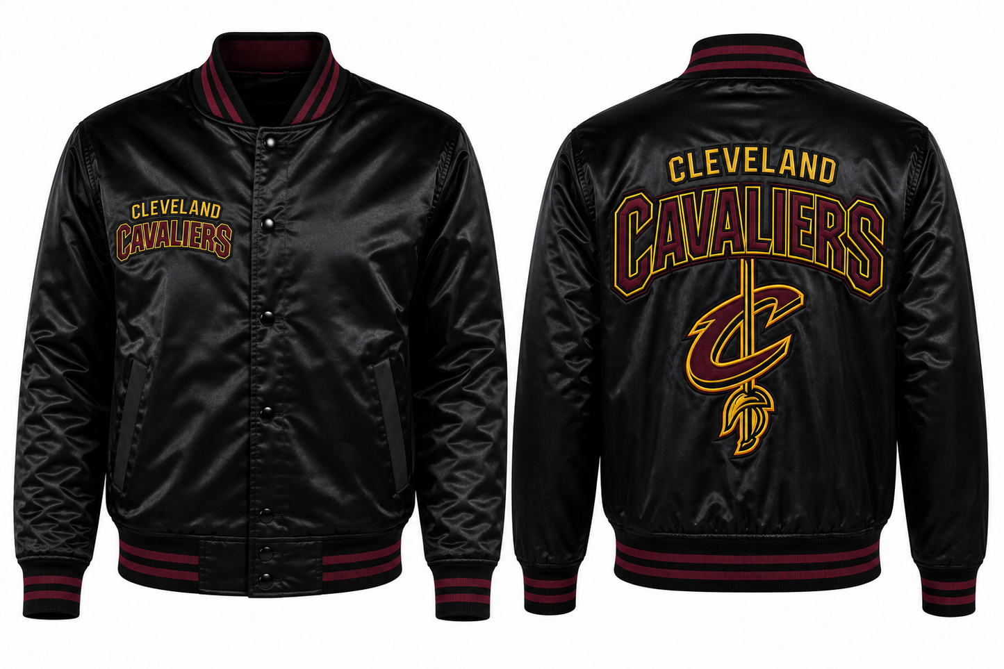 Black satin Cleveland Cavaliers varsity jacket shown from the front and back, featuring gold and maroon lettering and logos on a white background.