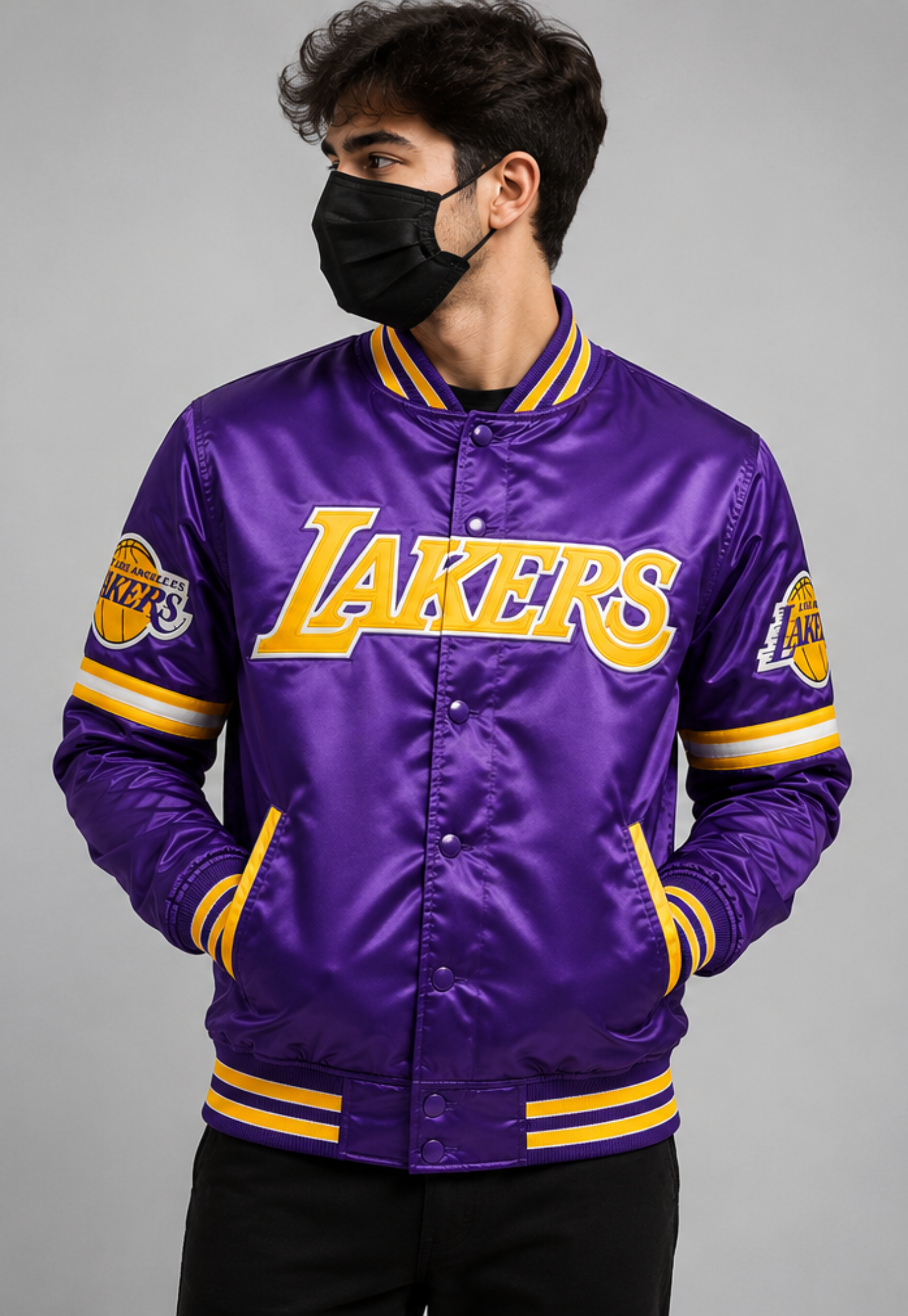 A man wearing a shiny purple Los Angeles Lakers satin bomber jacket with yellow and white trim, paired with a black face mask and black pants, against a solid gray studio background.
