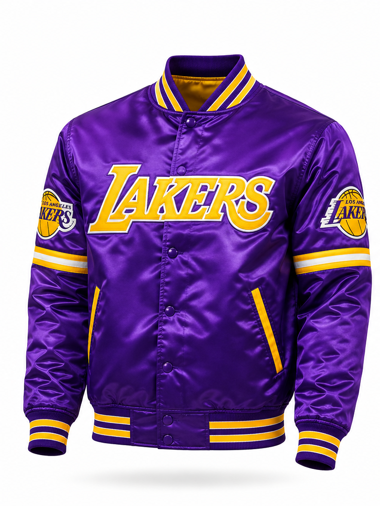 A purple Los Angeles Lakers satin varsity jacket with 'LAKERS' written across the chest in yellow, featuring team logos on both sleeves.