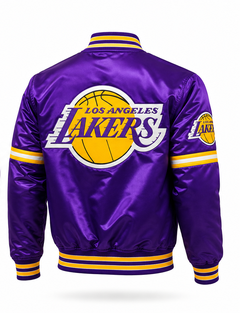 A purple Los Angeles Lakers satin bomber jacket shown from the back, featuring the team logo, purple, and white, and a white striped ribbed collar, cuffs, and hem.