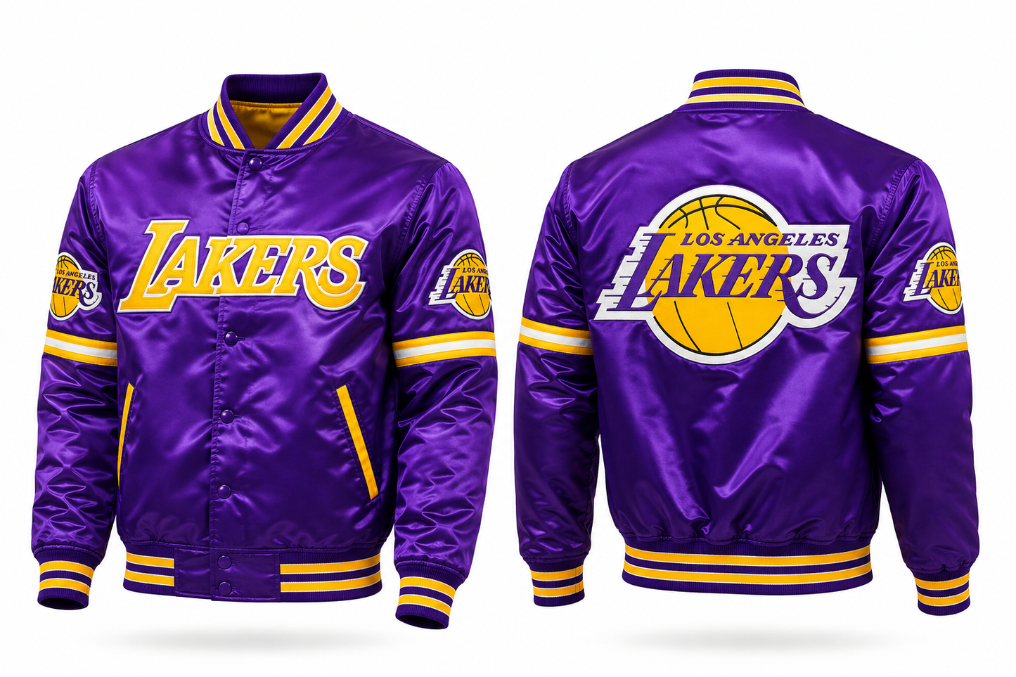A purple and yellow Los Angeles Lakers satin jacket shown from both the front and back views against a white background.