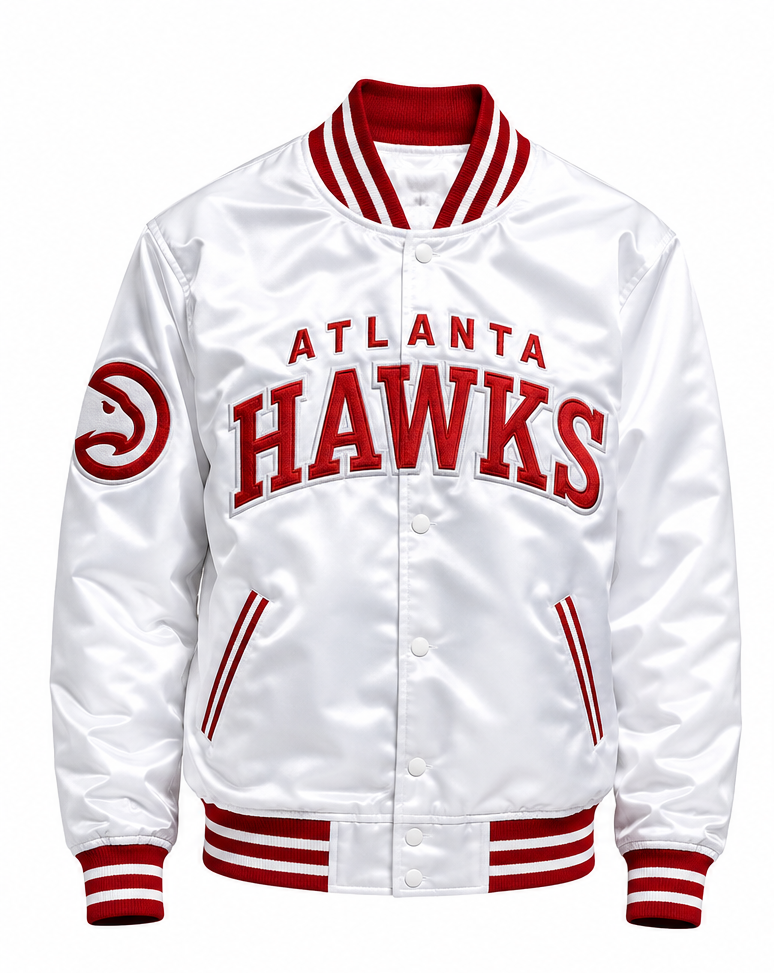 A white satin varsity jacket with red and navy blue accents, featuring 'ATLANTA HAWKS' in red lettering on the front and a circular hawk logo on the sleeve.