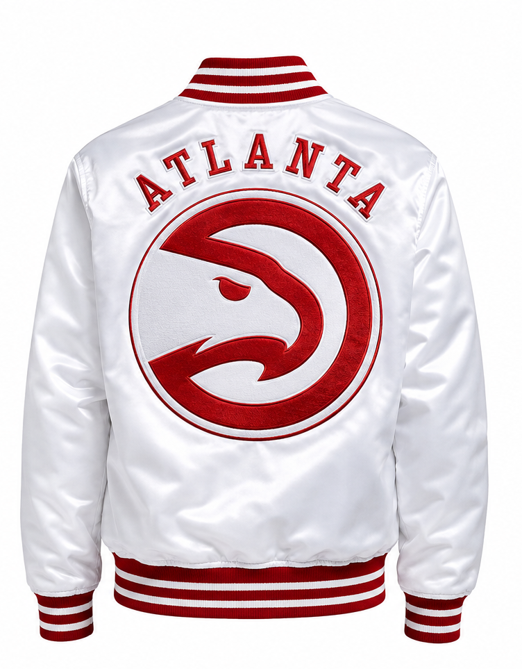 White satin jacket with red and white striped ribbed collar, cuffs, and hem, featuring 'ATLANTA' and the Atlanta Hawks logo embroidered on the back.