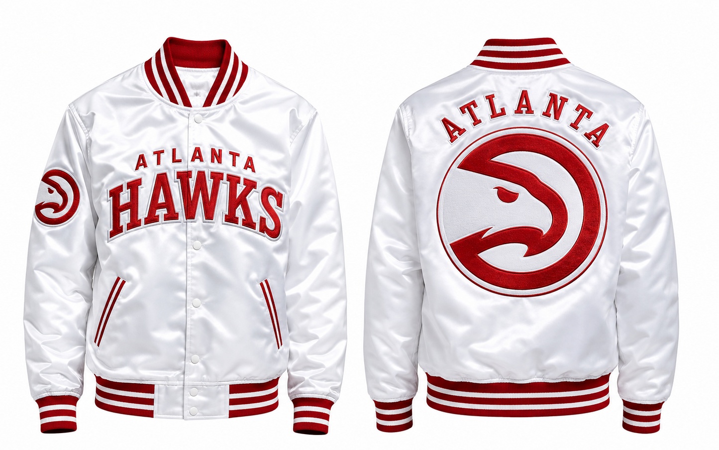 White satin Atlanta Hawks varsity jacket shown from the front and back, featuring red and white ribbed trim and team graphics.