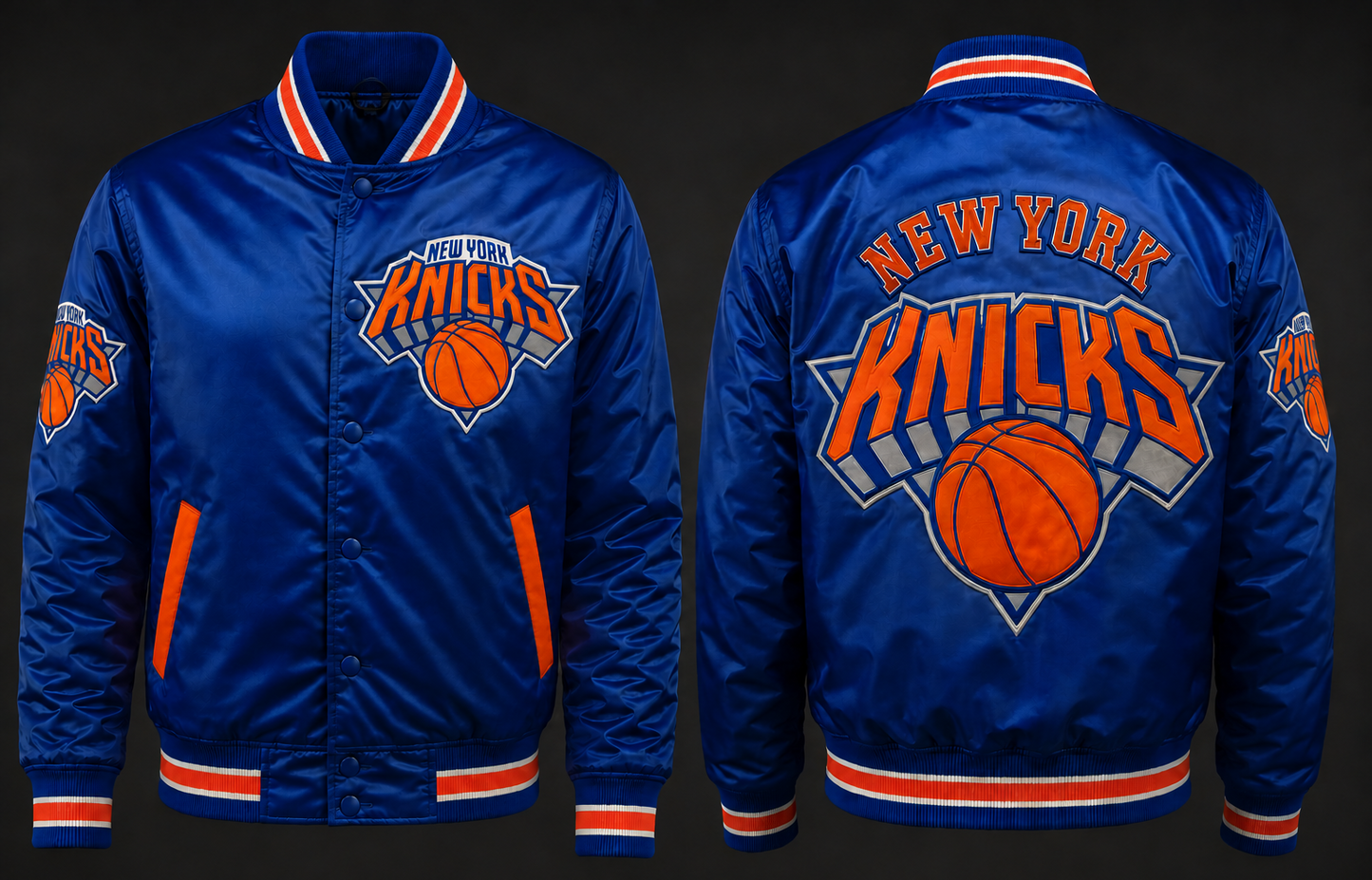 A royal blue satin New York Knicks varsity jacket shown from both the front and back views against a dark background. The jacket features orange and white striped ribbed collar, cuffs, and hem, with the New York Knicks logo on the front chest and a large version on the back.