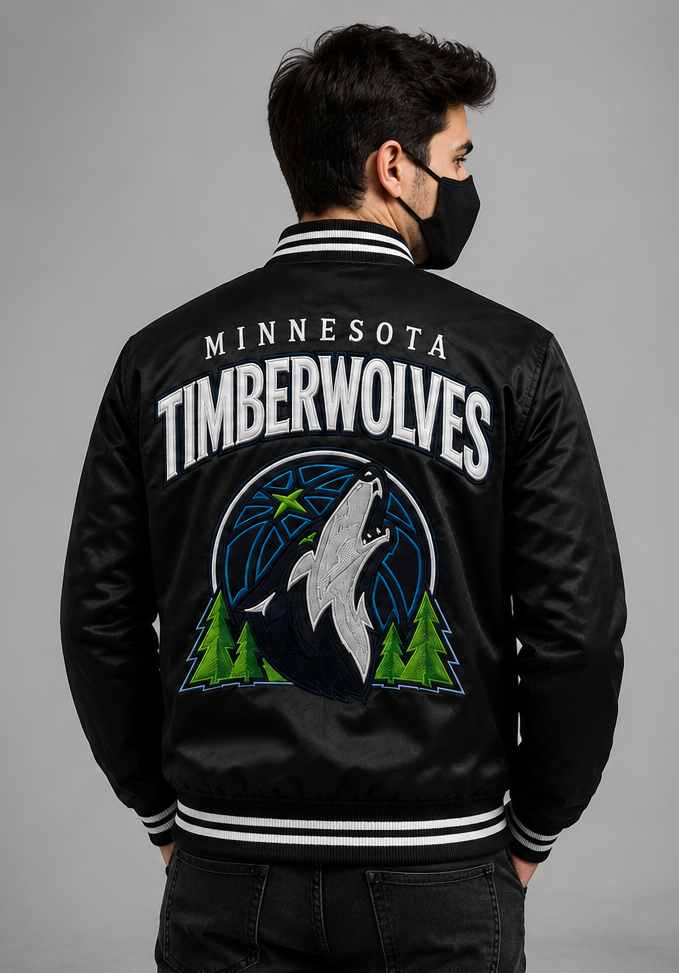 A man wearing a black Minnesota Timberwolves satin bomber jacket, viewed from the back. The jacket features a large white 'MINNESOTA TIMBERWOLVES' text and a detailed wolf graphic with green pine trees and a blue circular background on the back.