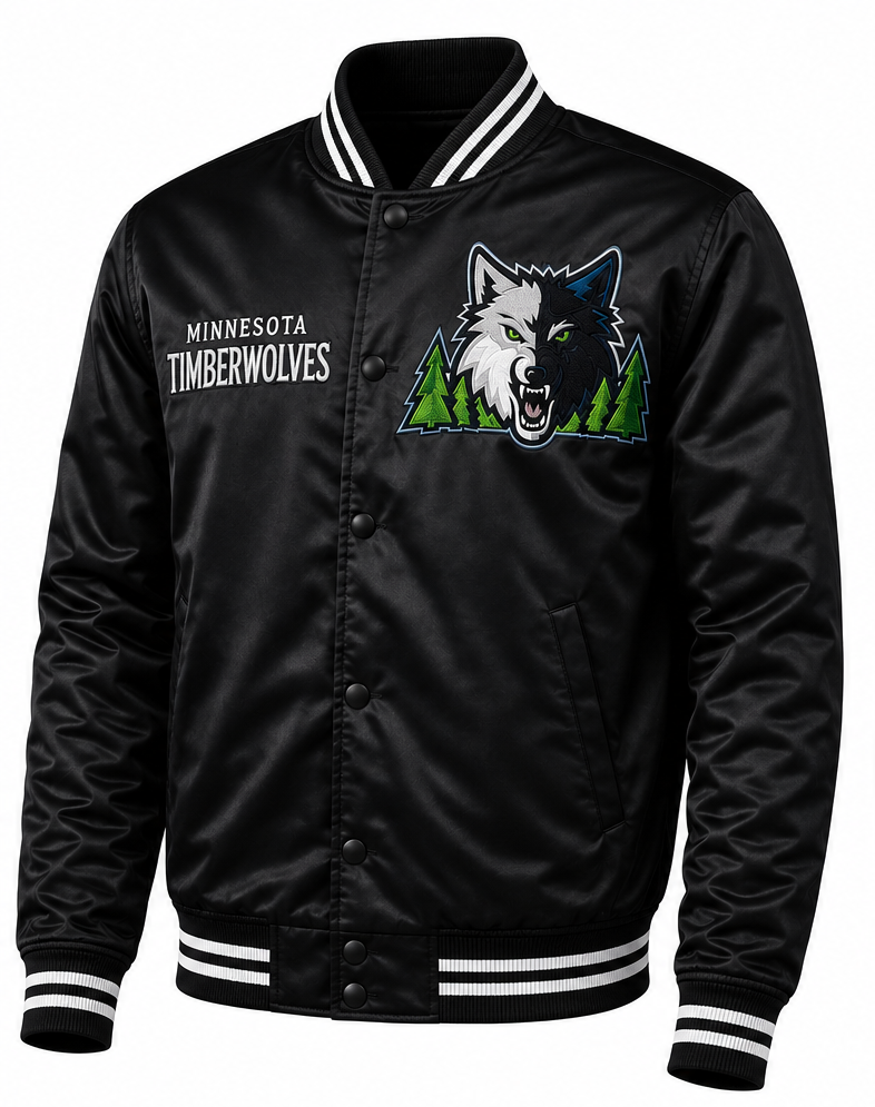 A black satin varsity jacket featuring the Minnesota Timberwolves logo on the left chest and team name on the right chest, with white and black striped ribbed collar, cuffs, and hem.