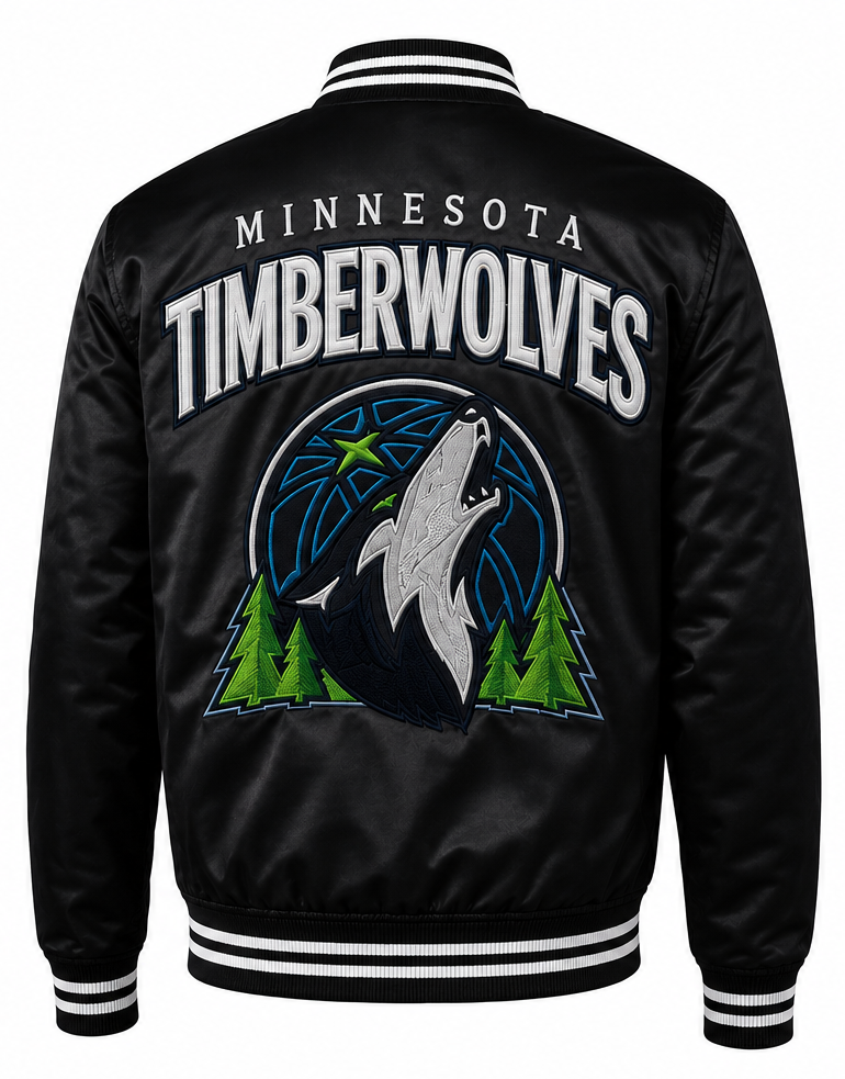Black satin Minnesota Timberwolves varsity jacket shown from the back, featuring white arched 'MINNESOTA TIMBERWOLVES' text and a large embroidered wolf logo with green pine trees and blue circular background.