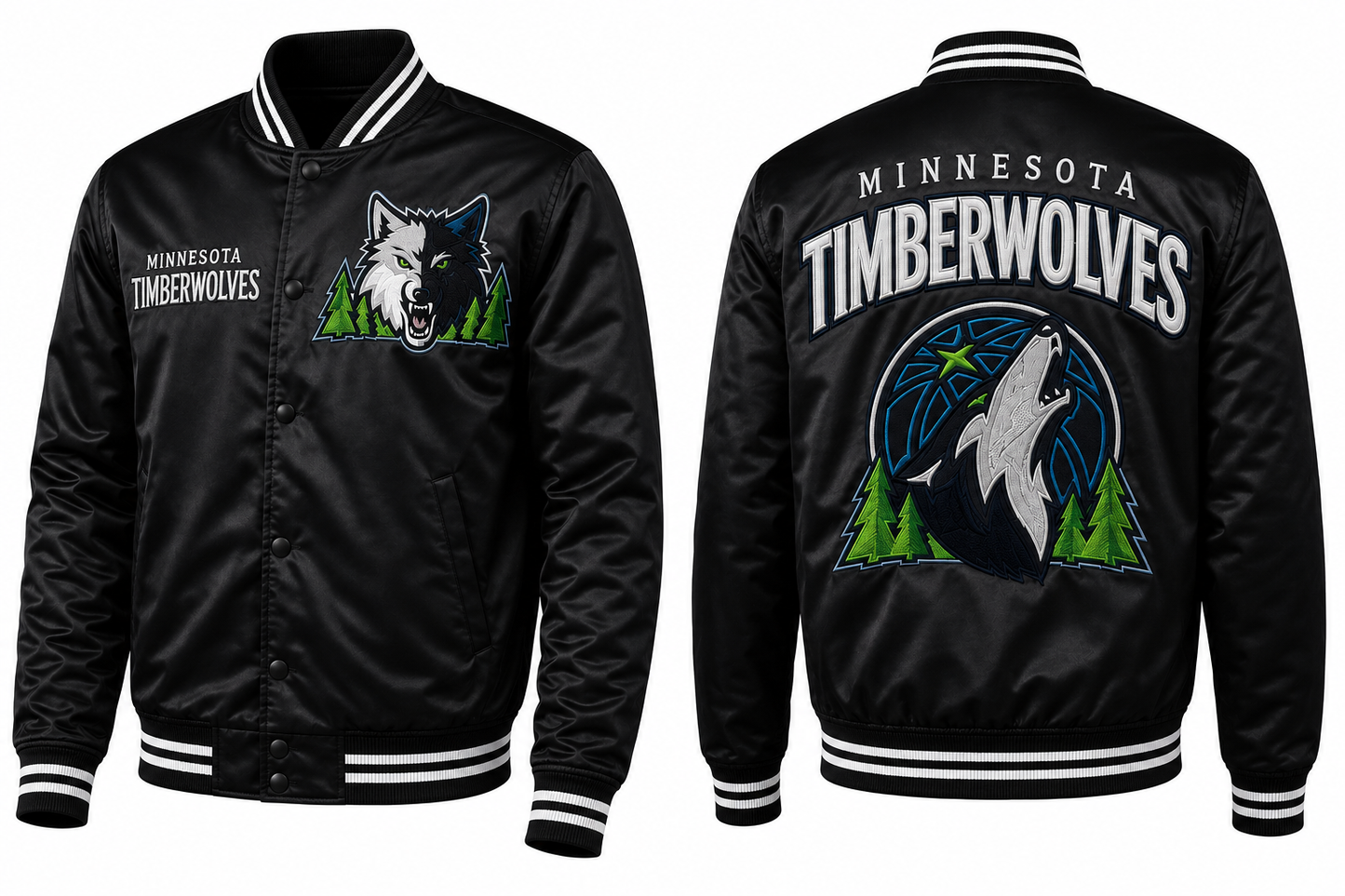 Black satin Minnesota Timberwolves varsity jacket shown from both front and back, featuring a wolf logo and 'MINNESOTA TIMBERWOLVES' text on the chest and back, with white and black striped ribbed collar, cuffs, and hem.