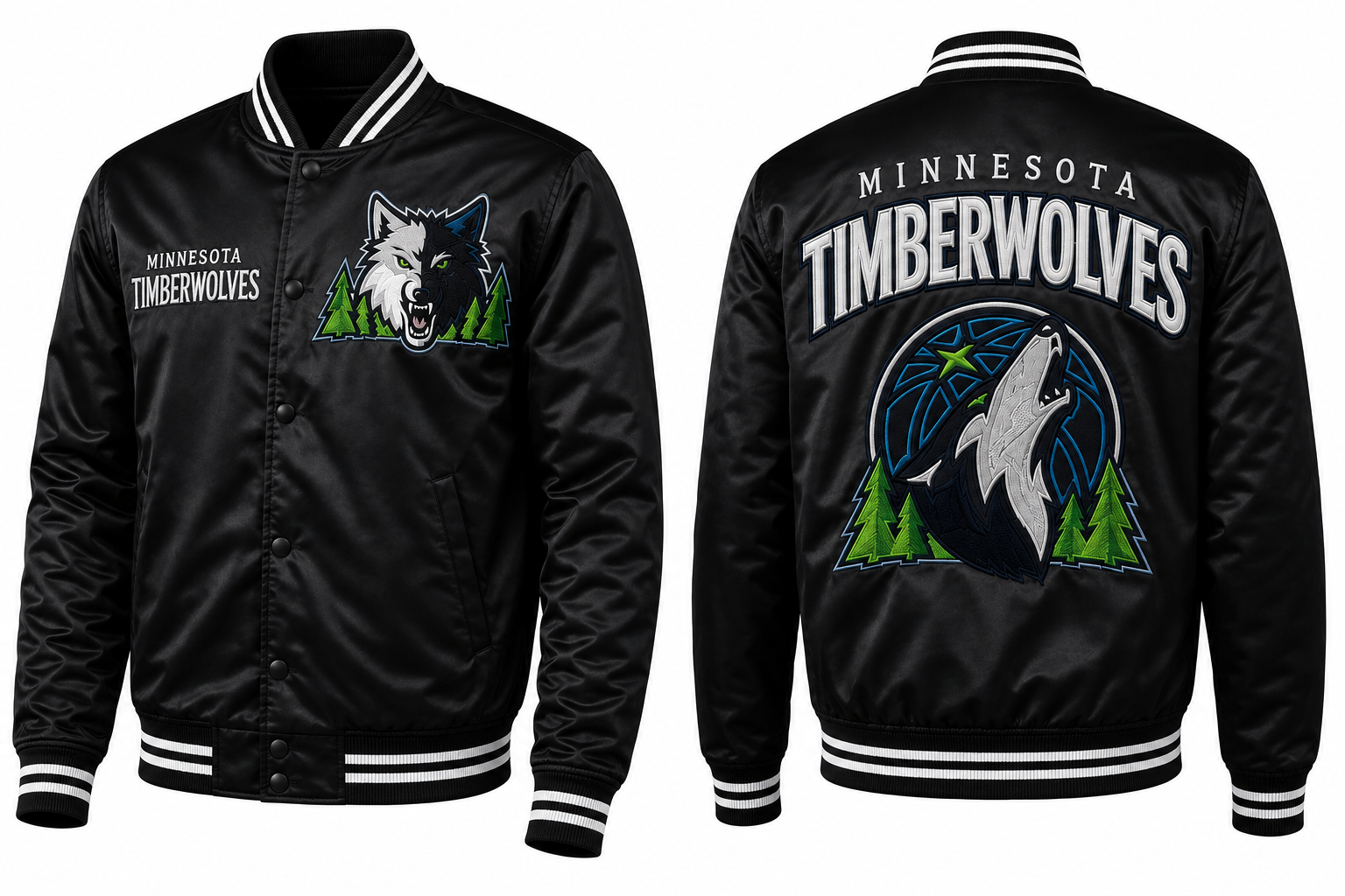 Black satin Minnesota Timberwolves varsity jacket shown from both front and back, featuring a wolf logo and 'MINNESOTA TIMBERWOLVES' text on the chest and back, with white and black striped ribbed collar, cuffs, and hem.