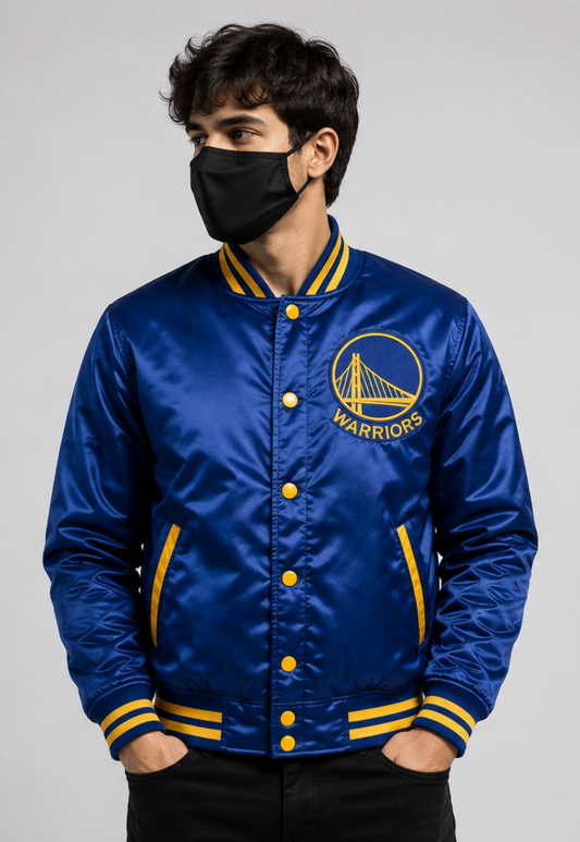 NBA Golden State Warriors Royal Blue Satin Varsity Jacket | Embroidered NBA Bomber Jacket for Men & Women