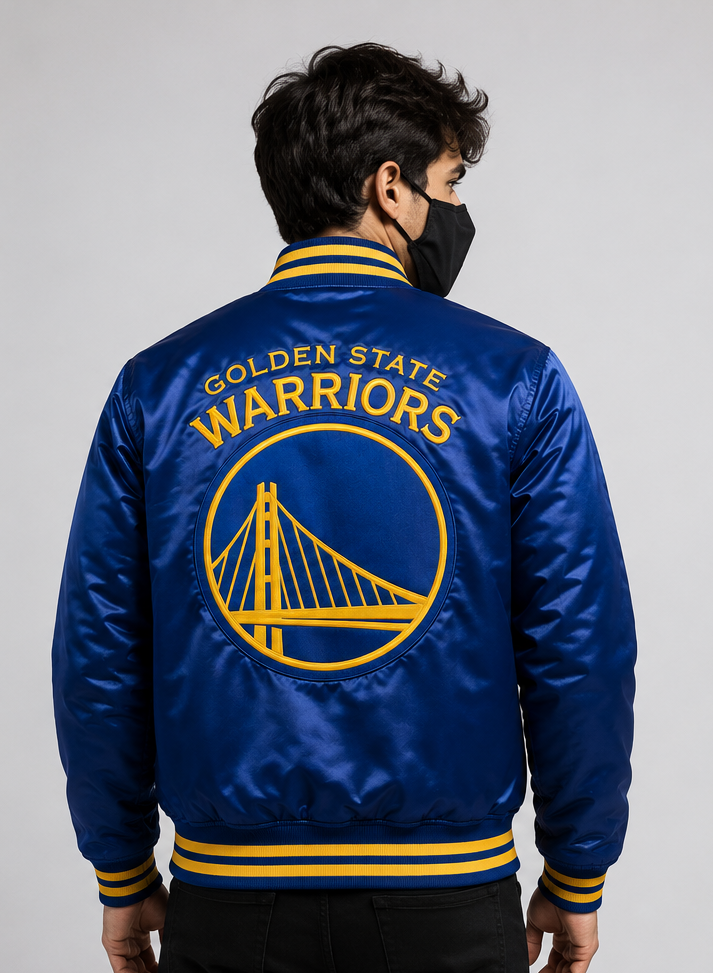NBA Golden State Warriors Royal Blue Satin Varsity Jacket | Embroidered NBA Bomber Jacket for Men & Women
