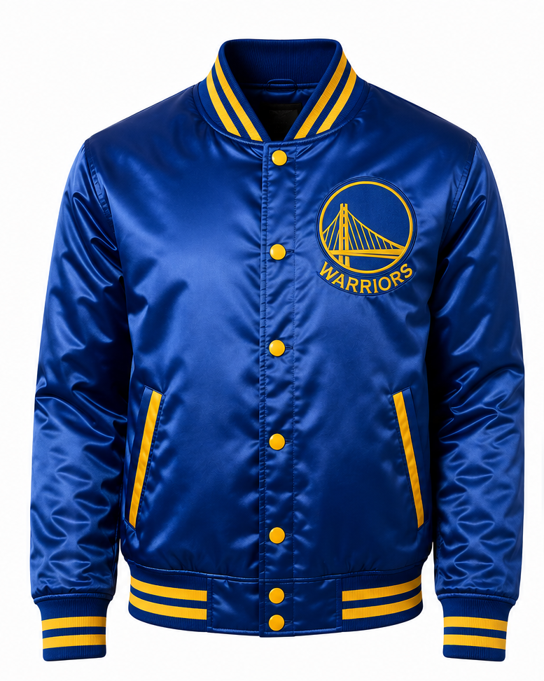 NBA Golden State Warriors Royal Blue Satin Varsity Jacket | Embroidered NBA Bomber Jacket for Men & Women