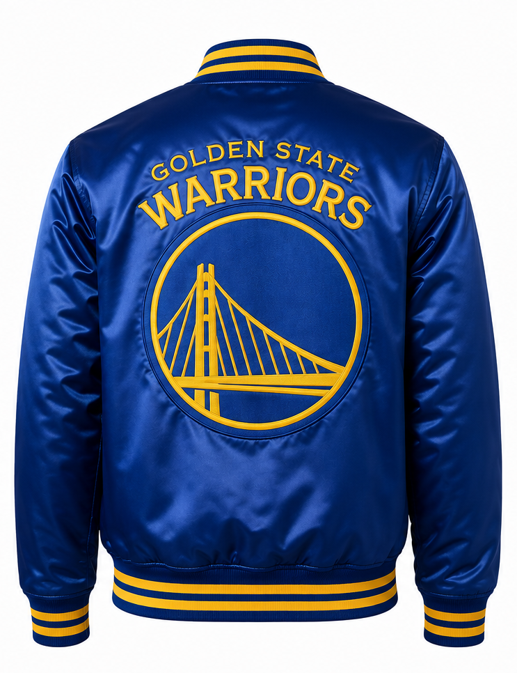 NBA Golden State Warriors Royal Blue Satin Varsity Jacket | Embroidered NBA Bomber Jacket for Men & Women