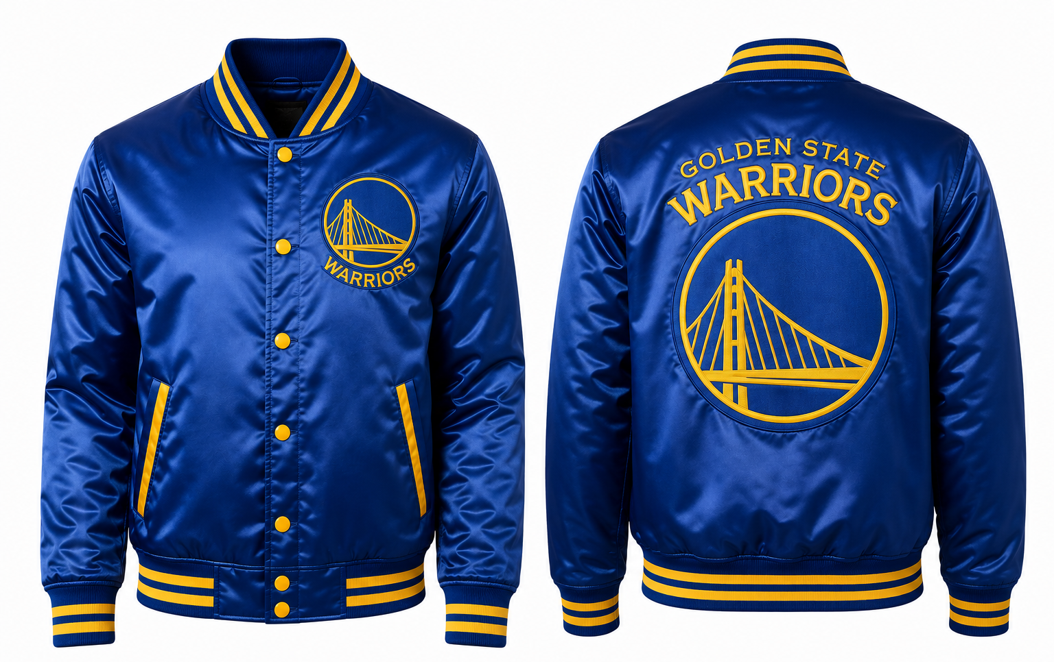 NBA Golden State Warriors Royal Blue Satin Varsity Jacket | Embroidered NBA Bomber Jacket for Men & Women