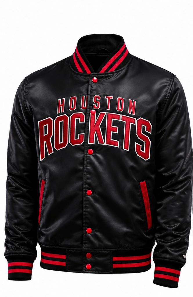 A black satin varsity jacket with red and white 'HOUSTON ROCKETS' lettering on the chest, featuring red buttons, red striped ribbed collar, cuffs, and hem, and red vertical stripe details on the pockets.