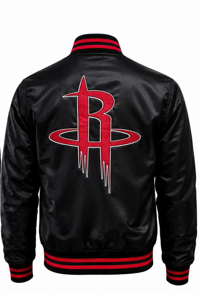 Black satin bomber jacket with red and white Houston Rockets logo on the back, featuring red and black striped ribbed collar, cuffs, and hem.