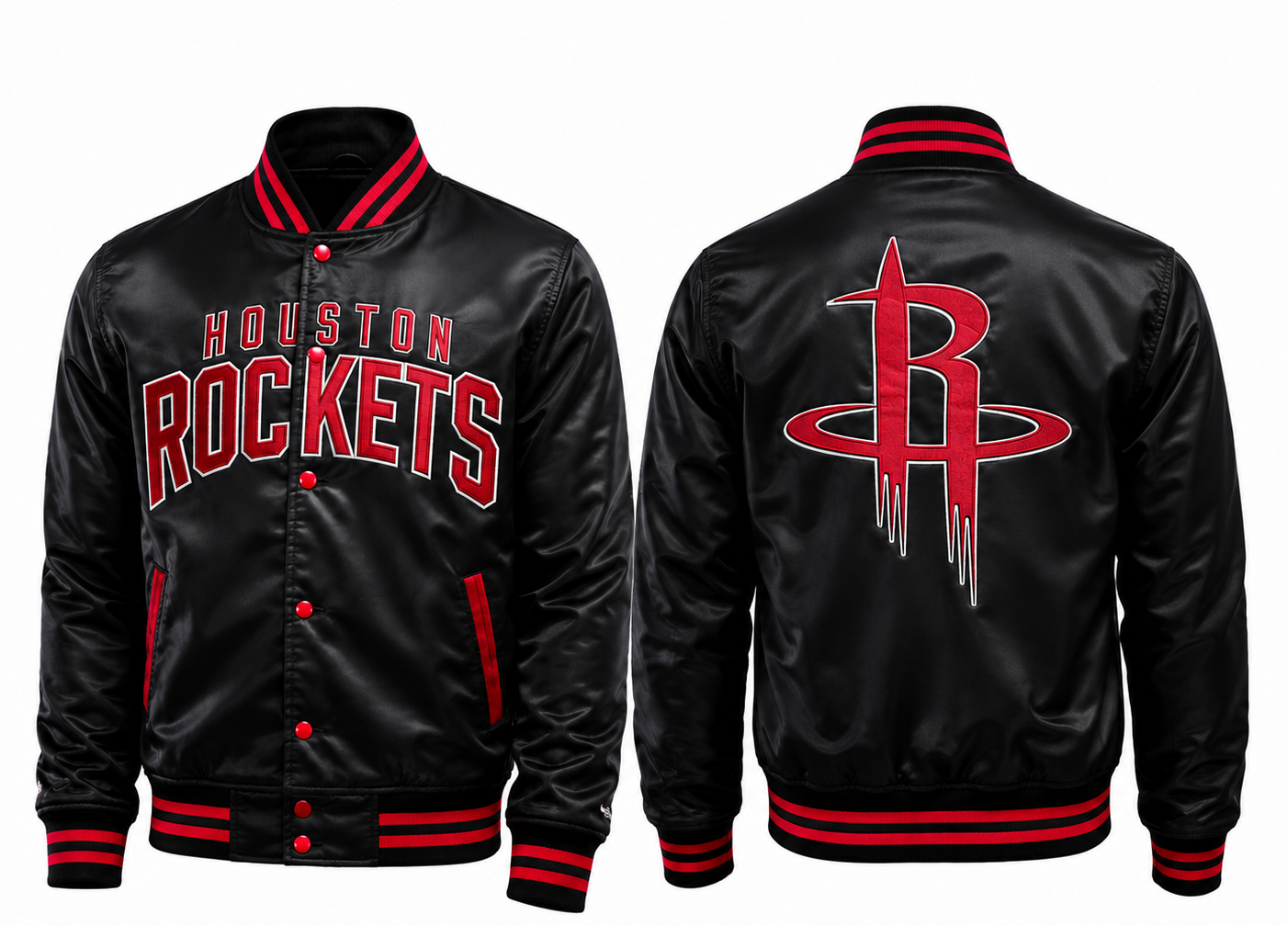 Black satin Houston Rockets varsity jacket shown from the front and back, featuring red and white team graphics and ribbed trim.