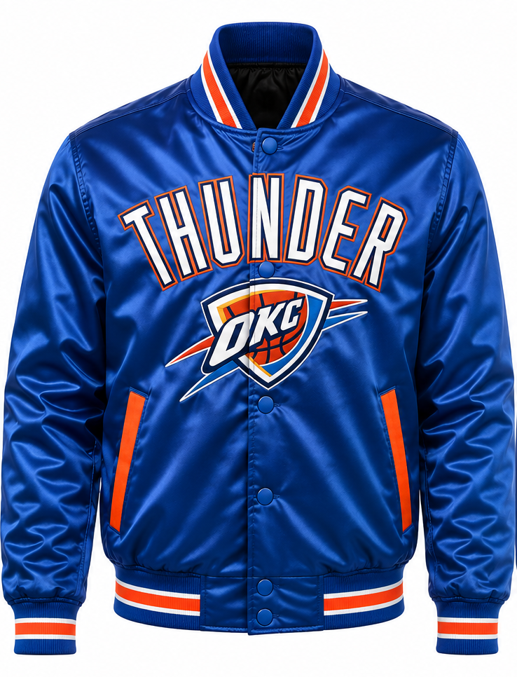 A royal blue satin bomber jacket featuring the Oklahoma City Thunder logo and 'THUNDER' text on the front, with orange and white striped ribbed collar, cuffs, and hem.
