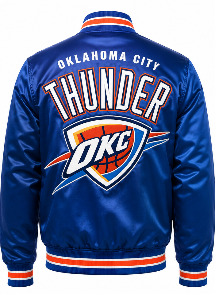 Oklahoma City Thunder satin bomber jacket shown from the back, featuring a large white, orange, and blue team logo with 'OKLAHOMA CITY THUNDER' text.