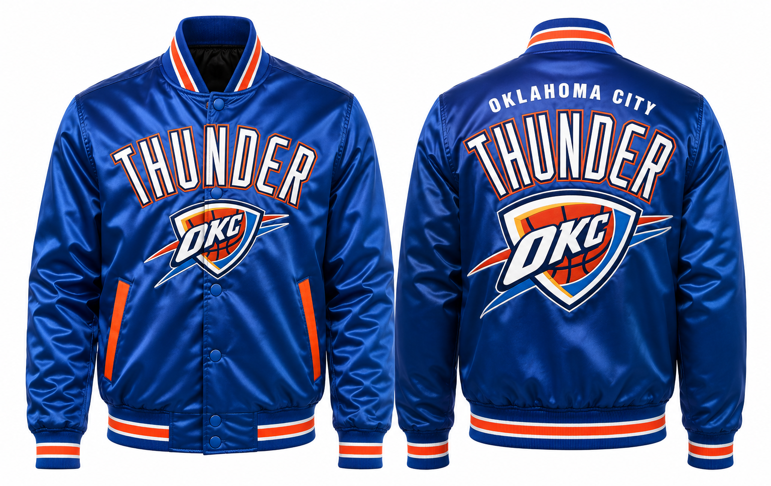 Front and back views of a blue satin Oklahoma City Thunder jacket with orange and white trim and team logos.