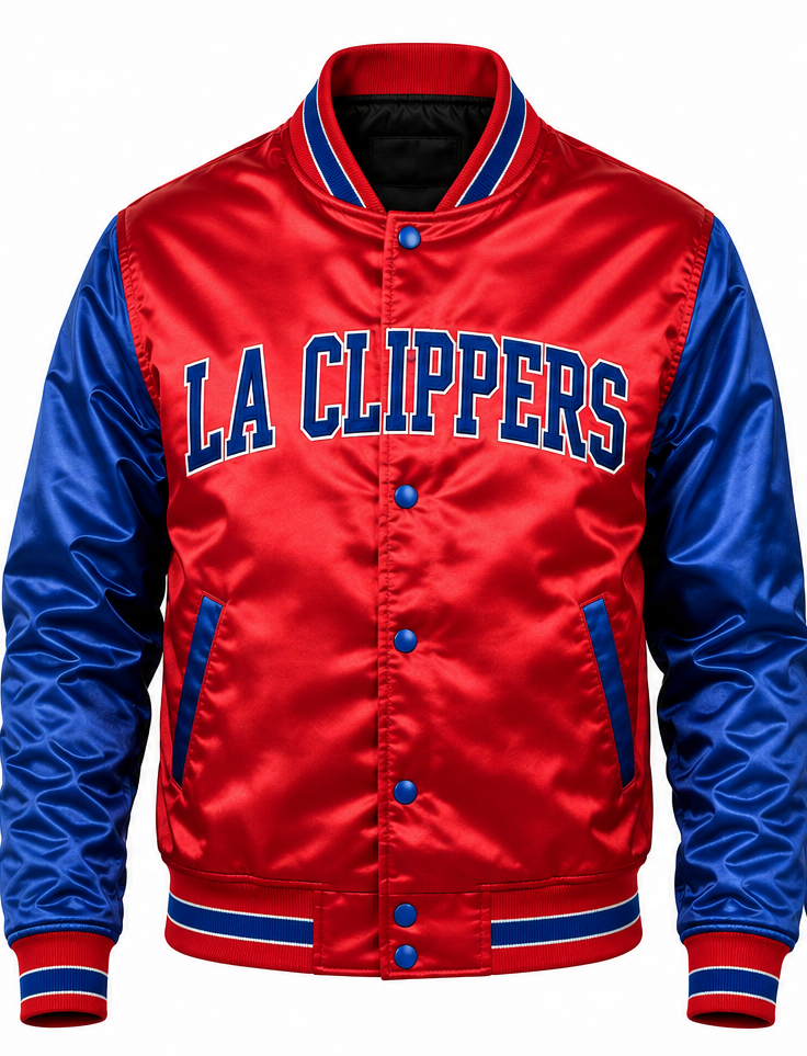 A red and blue satin varsity jacket with 'LA CLIPPERS' written across the chest in blue letters with a white outline, set against a plain white background.