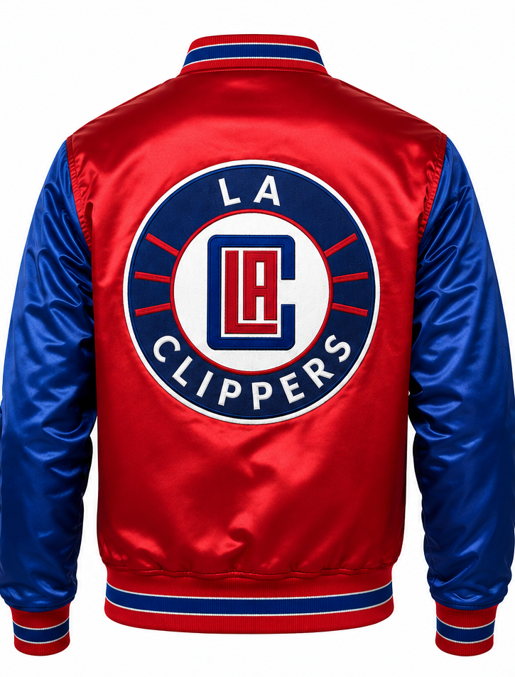 Red and blue satin LA Clippers varsity jacket shown from the back, featuring a large circular LA Clippers logo on the center back with red, white, and blue colors.