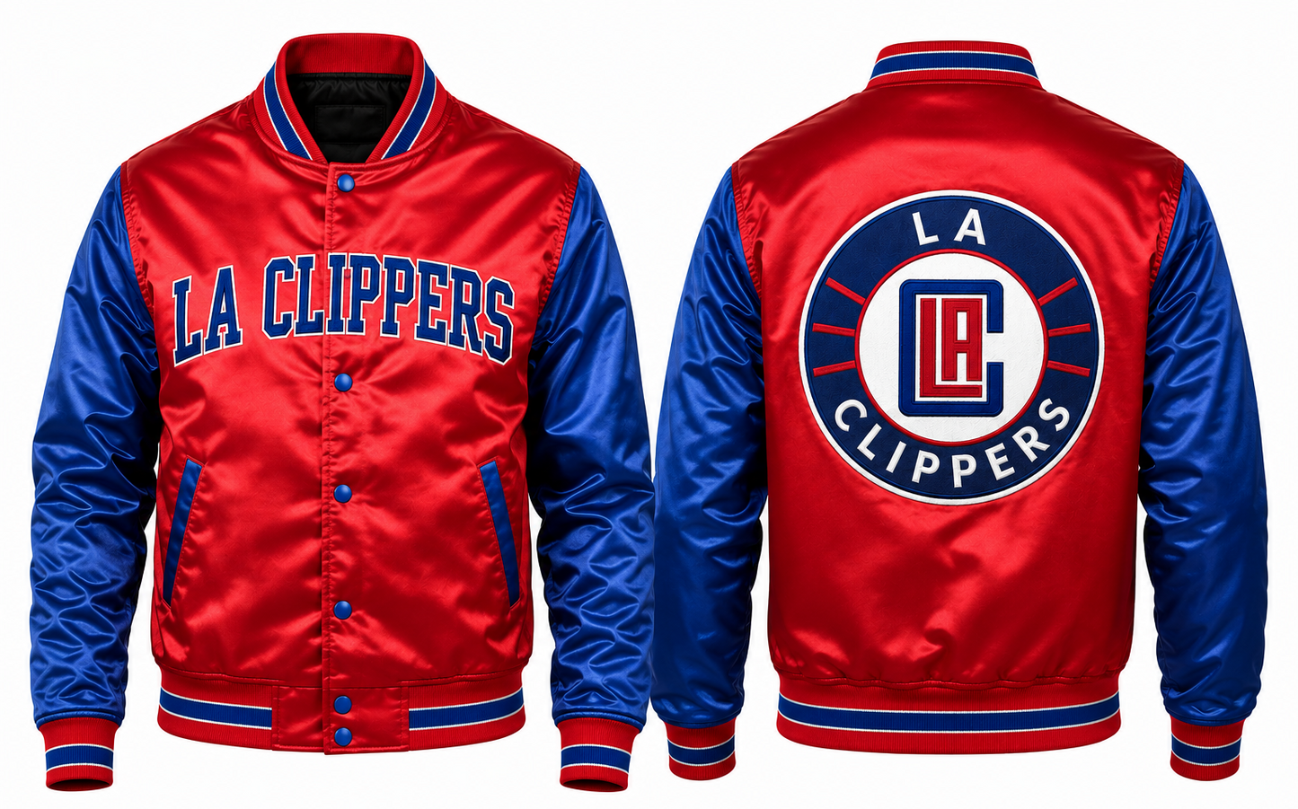 Front and back views of a LA Clippers satin varsity-style jacket. The jacket has a red body and sleeves, blue ribbed collar, cuffs, and hem, blue snap buttons, and blue and white lettering on the chest and back.