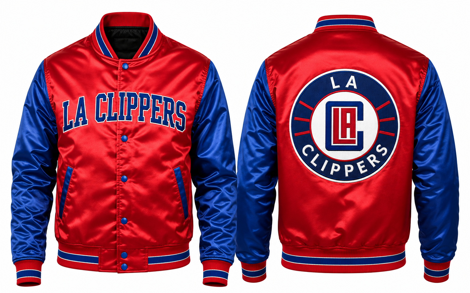 Front and back views of a LA Clippers satin varsity-style jacket. The jacket has a red body and sleeves, blue ribbed collar, cuffs, and hem, blue snap buttons, and blue and white lettering on the chest and back.