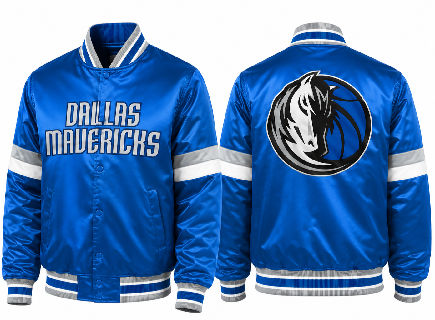 A blue Dallas Mavericks satin varsity jacket shown from both the front and back. The front features 'DALLAS MAVERICKS' in white block letters with a blue outline, and the back displays the team's horse logo inside a circular outline.