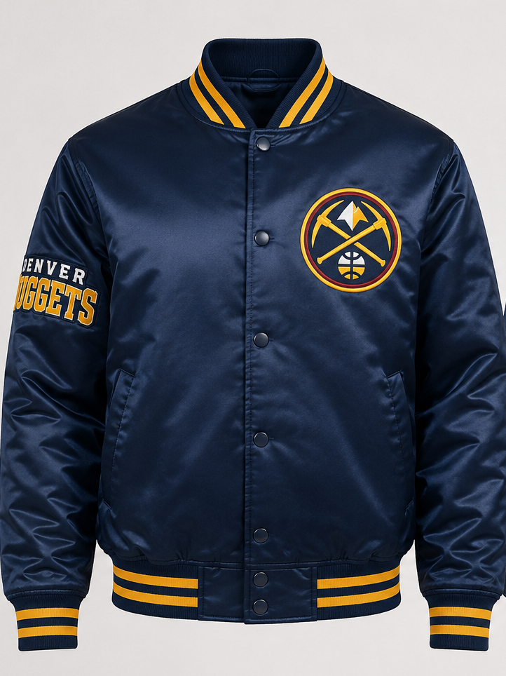 A navy blue satin varsity jacket with yellow and white accents, featuring the Denver Nuggets logo on the left chest and 'DENVER NUGGETS' text on the right sleeve, shown against a light gray background.