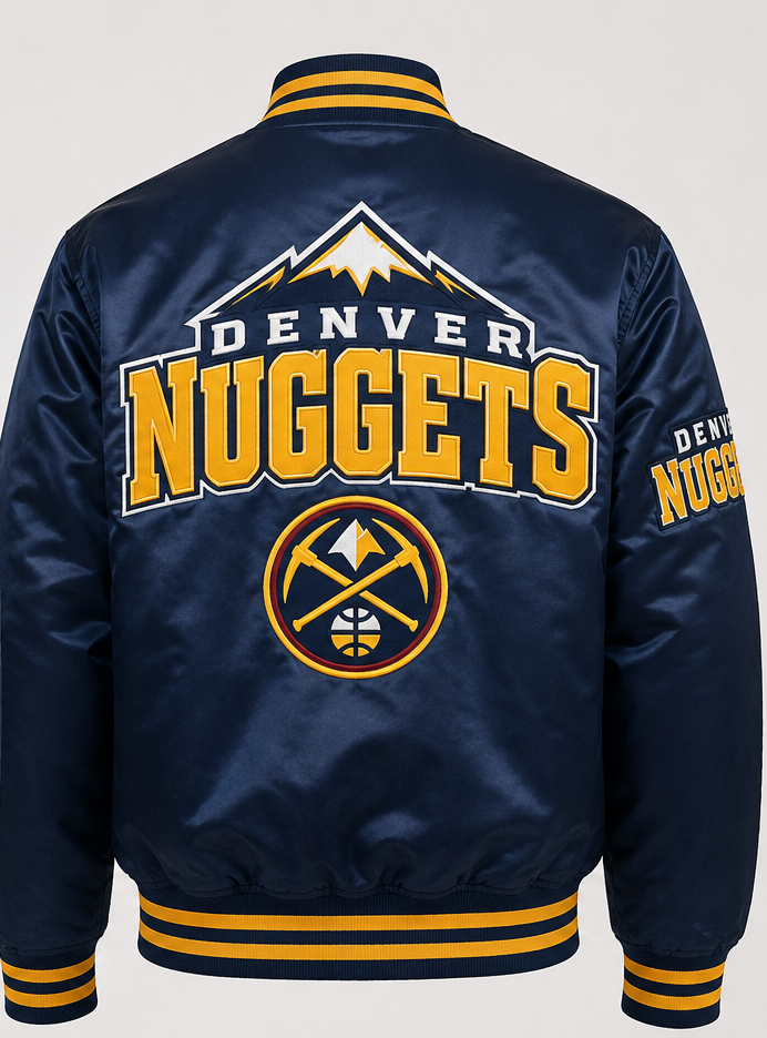 A navy blue satin jacket with yellow and white Denver Nuggets graphics on the back, featuring the team logo and name, ribbed yellow and navy cuffs and hem.