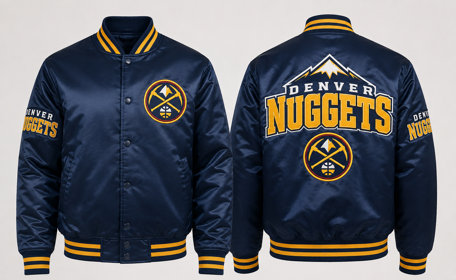 Front and back views of a navy blue Denver Nuggets satin bomber jacket with yellow and white graphics, shown on a light gray background.