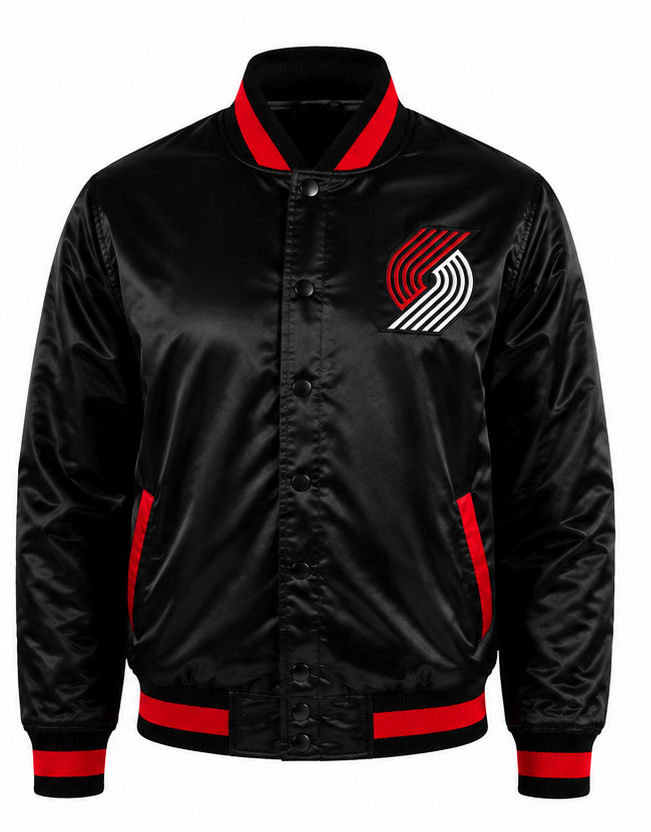 A black satin bomber jacket with red ribbed trim on the collar, cuffs, and hem, featuring a red and white Portland Trail Blazers logo on the left chest.