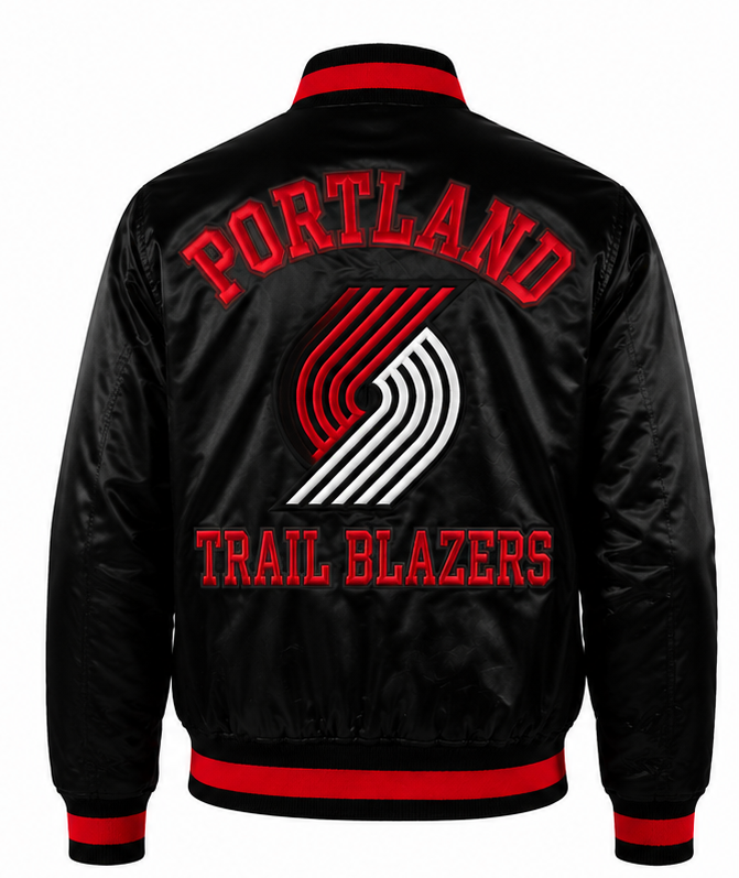 Black satin jacket with red and white Portland Trail Blazers embroidery on the back, featuring the team name and logo.