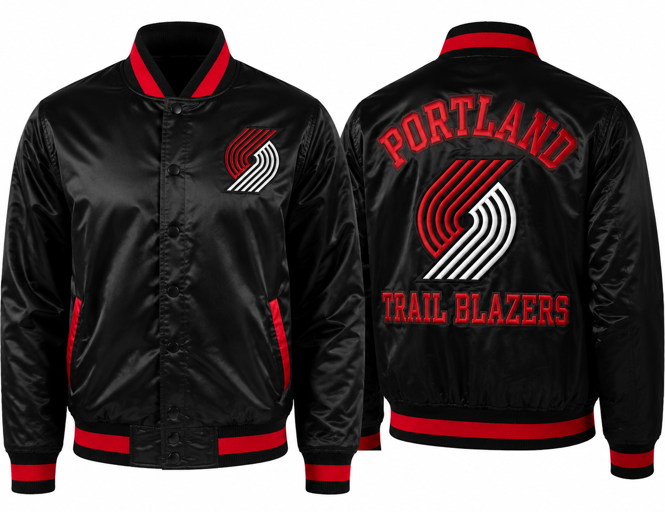 Black Portland Trail Blazers satin bomber jacket shown from the front and back, featuring red and white embroidered logos and lettering.