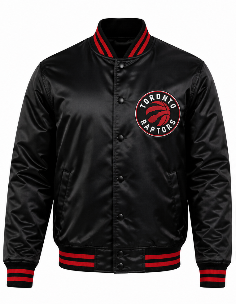 A black satin varsity-style jacket with red and black striped ribbed collar, cuffs, and hem, featuring a red and white Toronto Raptors logo on the left chest.