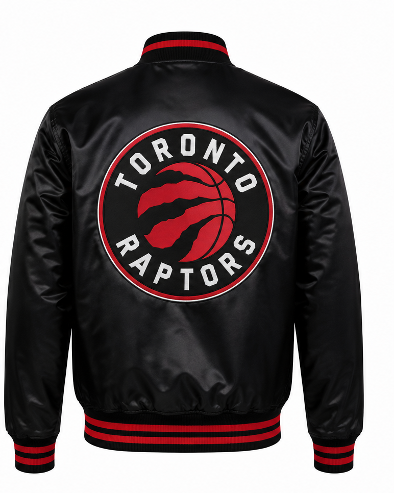 Black satin bomber jacket shown from the back, featuring a large circular Toronto Raptors logo in red, white, and black on the back, with red and black striped ribbed collar, cuffs, and hem.