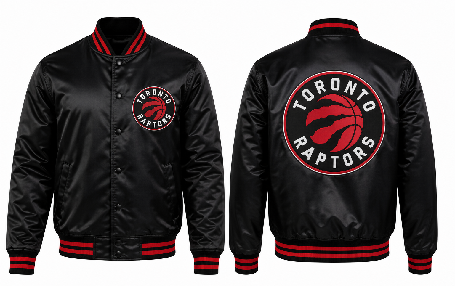 Black satin Toronto Raptors varsity jacket shown from the front and back, featuring red and white ribbed trim and large team logos.