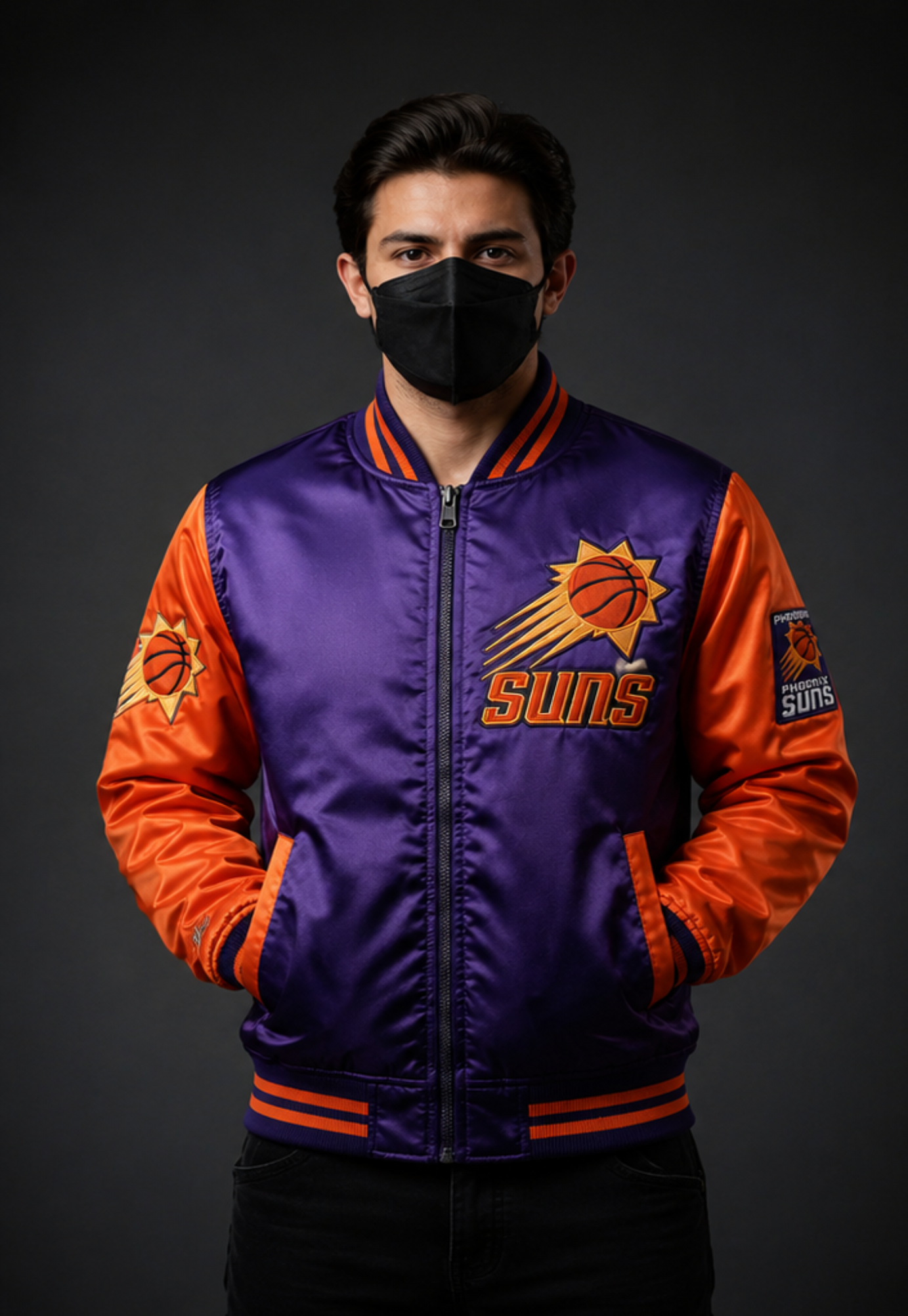A man wearing a purple and orange Phoenix Suns satin bomber jacket with a black face mask, standing against a dark gray studio background.